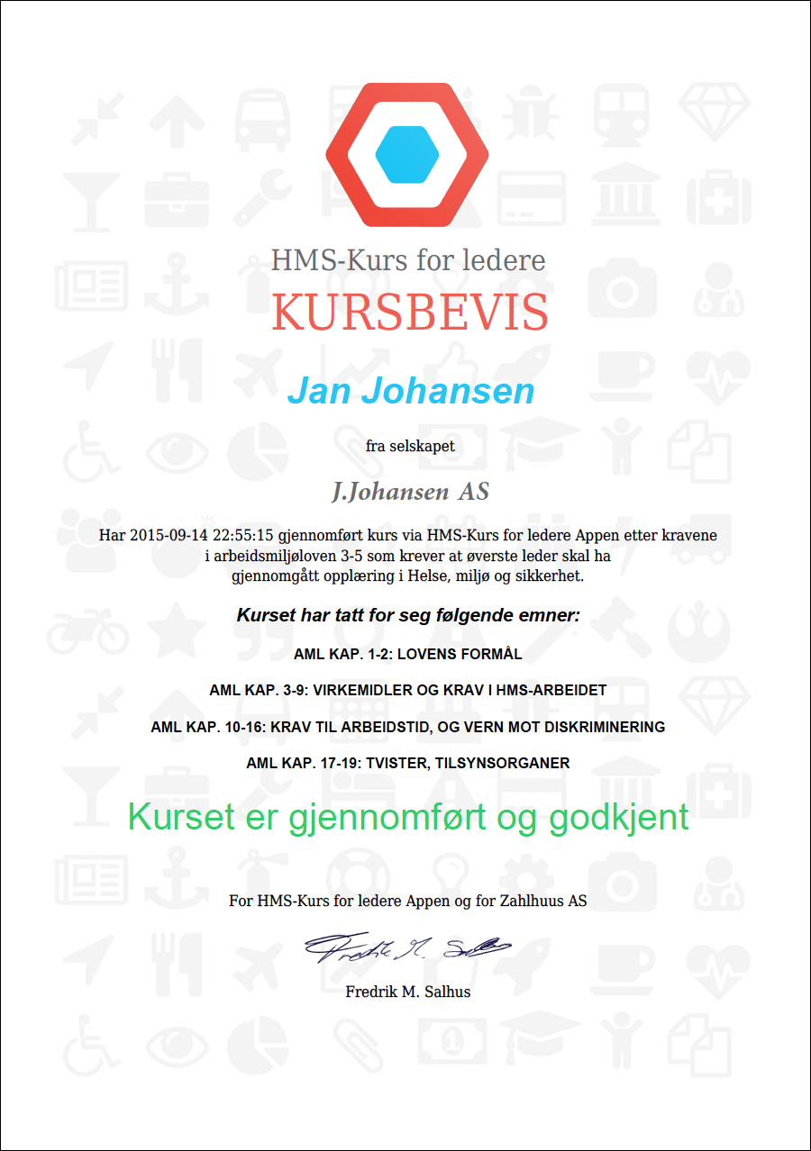 HMS-Kurs for ledere KURSBEVIS ser slik ut
